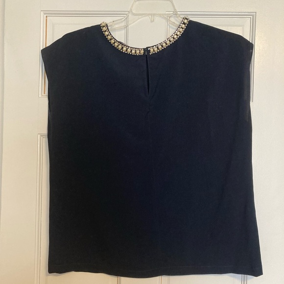 NWT San Tropez West Navy Blouse with Jeweled Neckline Size L - Picture 4 of 5